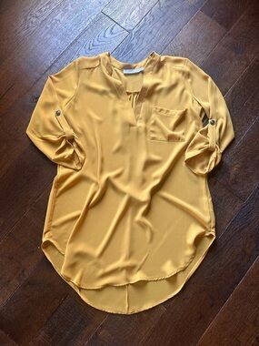 Lush Roll Sleeve Tunic Top Gold Marigold Pocket Flowy Medium